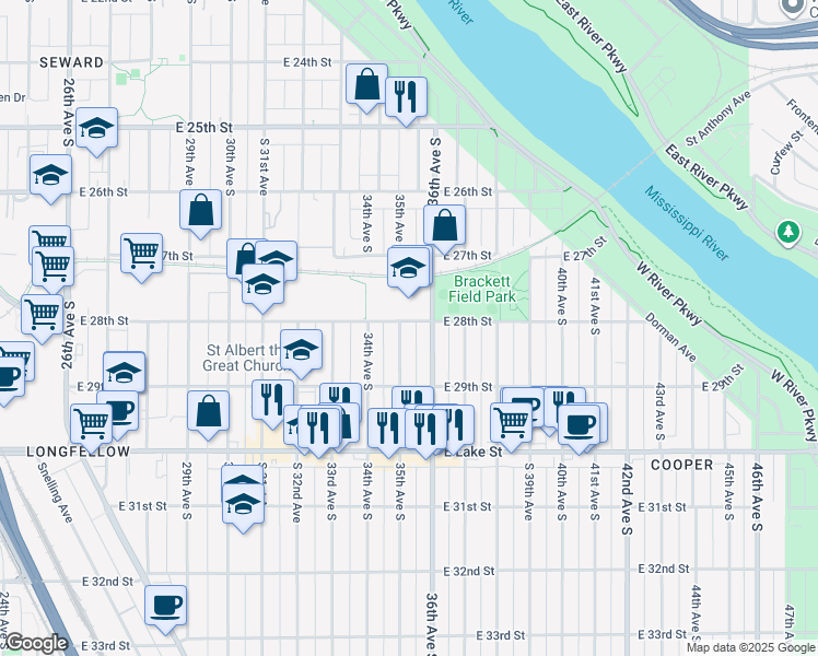 map of restaurants, bars, coffee shops, grocery stores, and more near 2800 35th Avenue South in Minneapolis