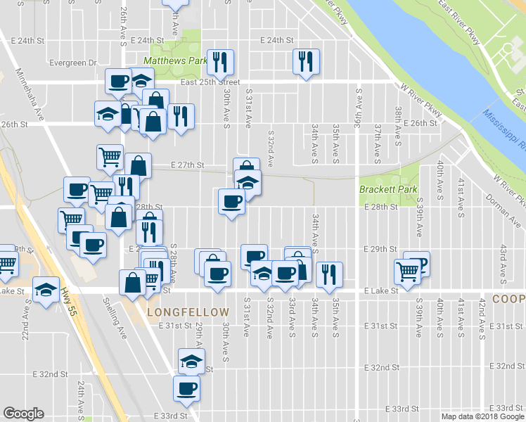 map of restaurants, bars, coffee shops, grocery stores, and more near 2800 East 28th Street in Minneapolis