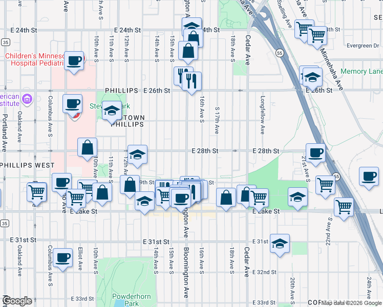 map of restaurants, bars, coffee shops, grocery stores, and more near in Minneapolis