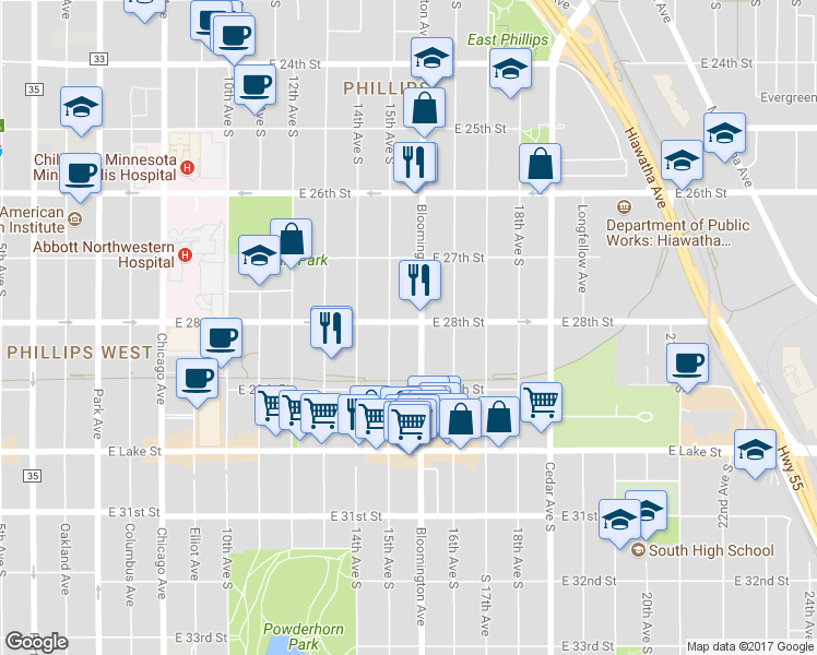 map of restaurants, bars, coffee shops, grocery stores, and more near 1511 East 28th Street in Minneapolis