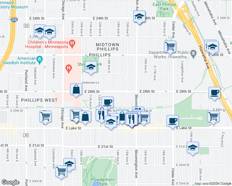 map of restaurants, bars, coffee shops, grocery stores, and more near 2742 14th Avenue South in Minneapolis
