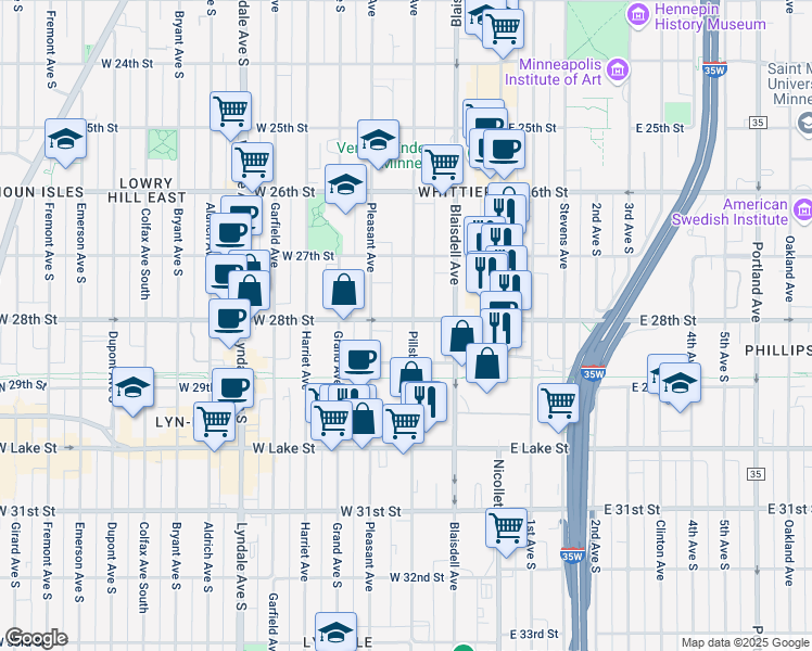 map of restaurants, bars, coffee shops, grocery stores, and more near 2750 Pillsbury Avenue in Minneapolis