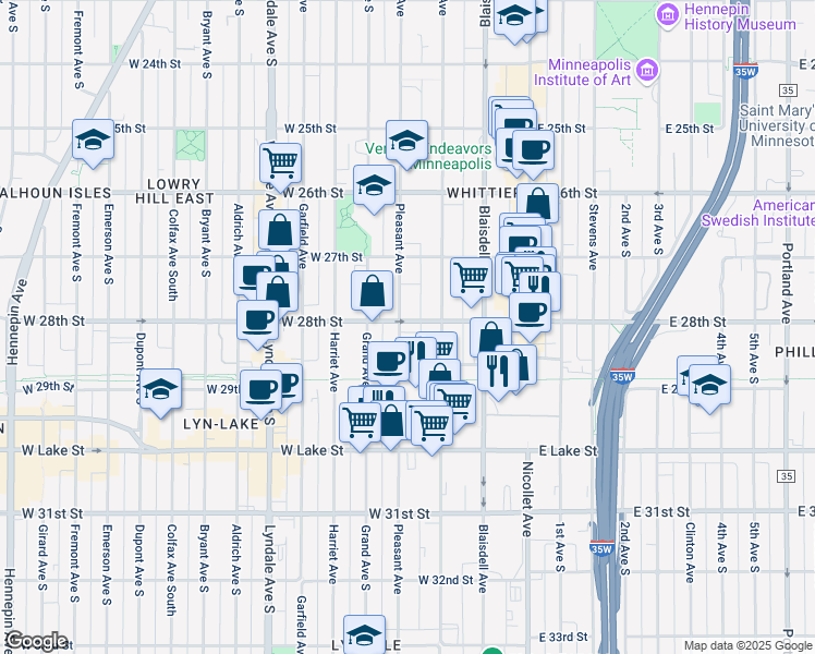 map of restaurants, bars, coffee shops, grocery stores, and more near 2750 Pillsbury Avenue in Minneapolis