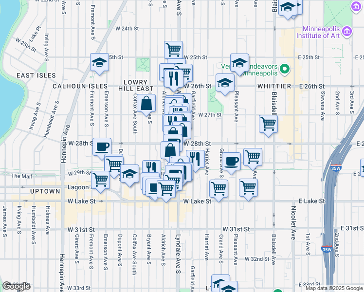 map of restaurants, bars, coffee shops, grocery stores, and more near in Minneapolis