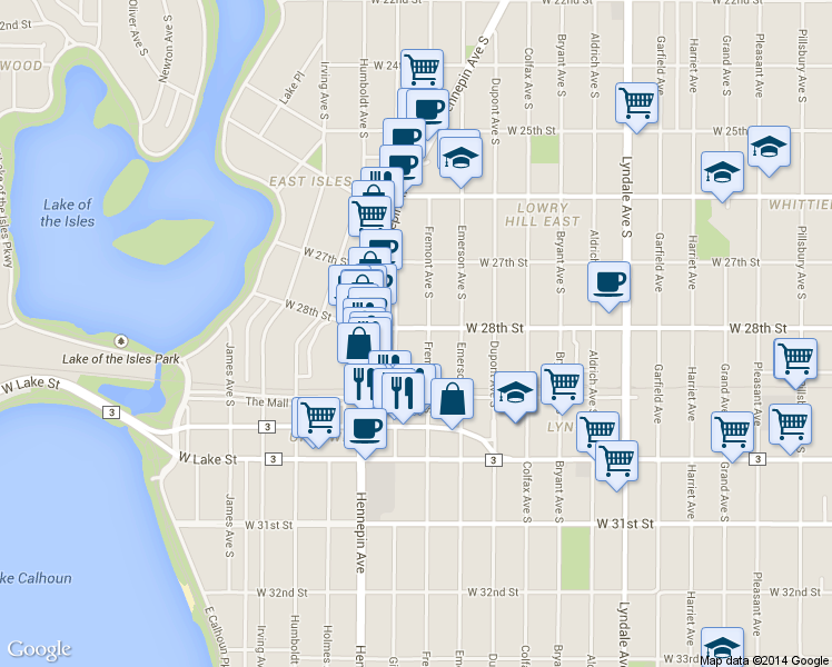map of restaurants, bars, coffee shops, grocery stores, and more near 2757 Fremont Avenue South in Minneapolis