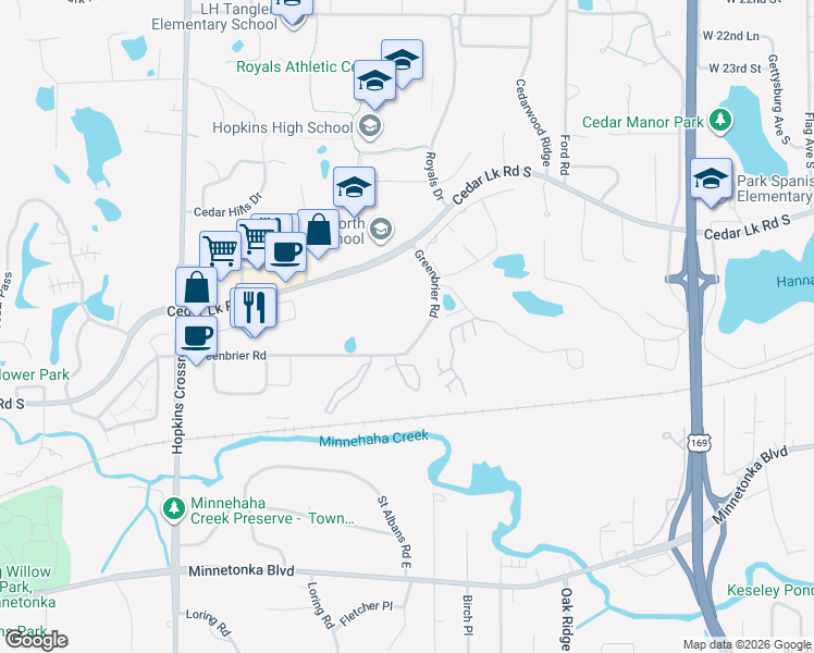 map of restaurants, bars, coffee shops, grocery stores, and more near 10501 Cedar Lake Road in Hopkins
