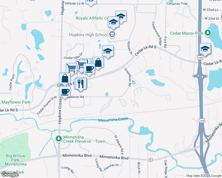 map of restaurants, bars, coffee shops, grocery stores, and more near 10521 Cedar Lake Road in Minnetonka