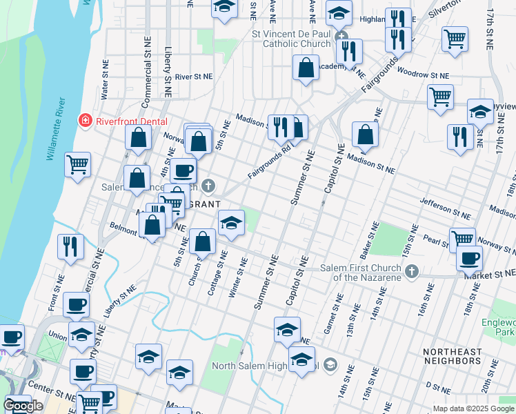 map of restaurants, bars, coffee shops, grocery stores, and more near 1425-1435 Winter Street Northeast in Salem
