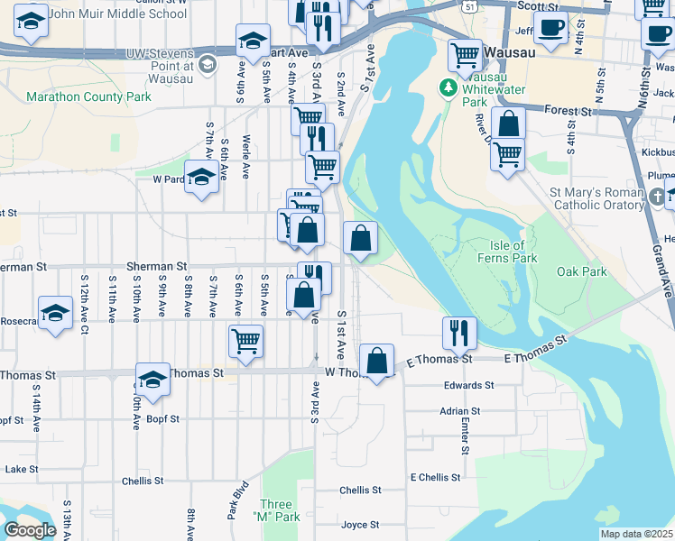 map of restaurants, bars, coffee shops, grocery stores, and more near 902 South 1st Avenue in Wausau