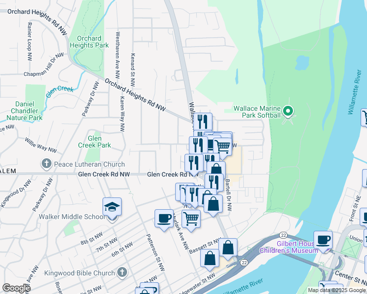 map of restaurants, bars, coffee shops, grocery stores, and more near 690 Taybin Road Northwest in Salem