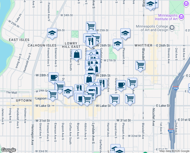 map of restaurants, bars, coffee shops, grocery stores, and more near in Minneapolis