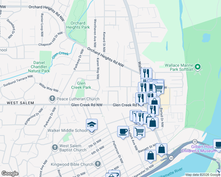 map of restaurants, bars, coffee shops, grocery stores, and more near 876 Taybin Road Northwest in Salem