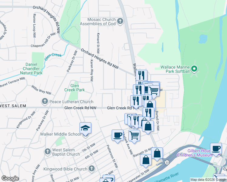 map of restaurants, bars, coffee shops, grocery stores, and more near 810 Taybin Road Northwest in Salem