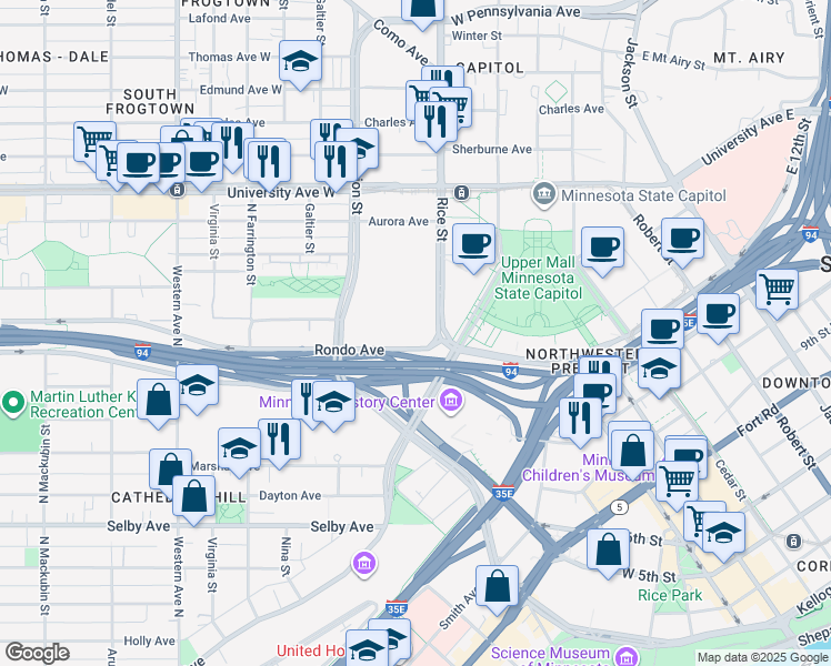 map of restaurants, bars, coffee shops, grocery stores, and more near 161 Saint Anthony Avenue in Saint Paul