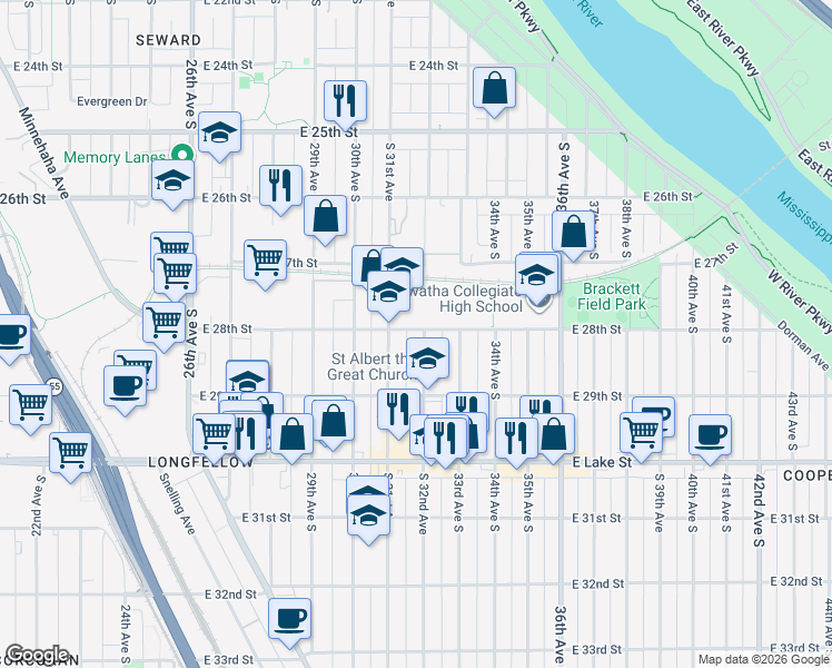 map of restaurants, bars, coffee shops, grocery stores, and more near 2800 South 32nd Avenue in Minneapolis