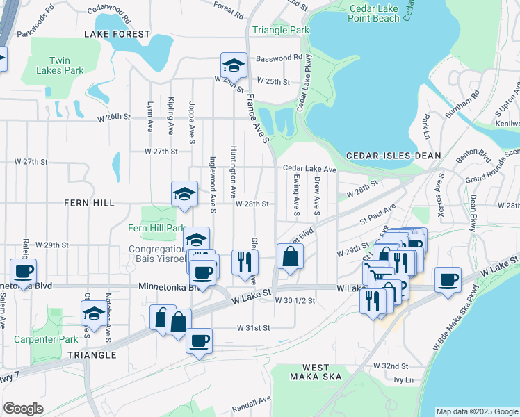 map of restaurants, bars, coffee shops, grocery stores, and more near 2801 Glenhurst Avenue in Minneapolis