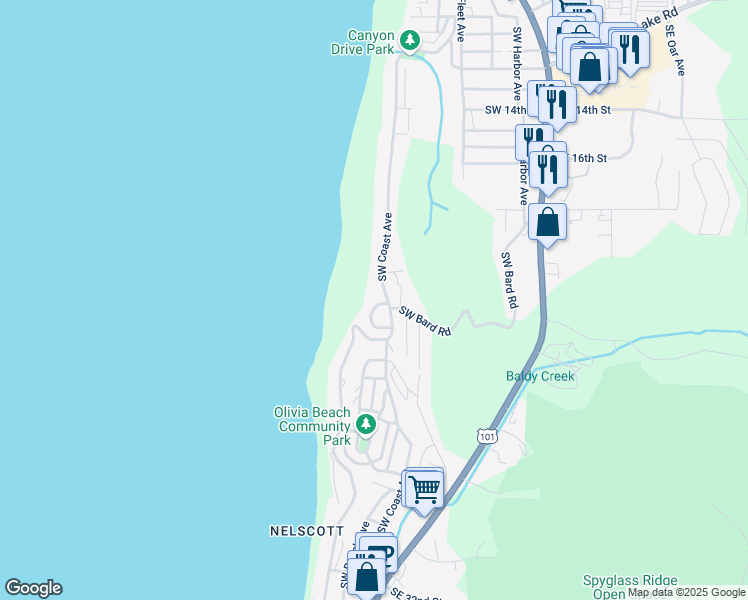 map of restaurants, bars, coffee shops, grocery stores, and more near 2255 Southwest Coast Avenue in Lincoln City