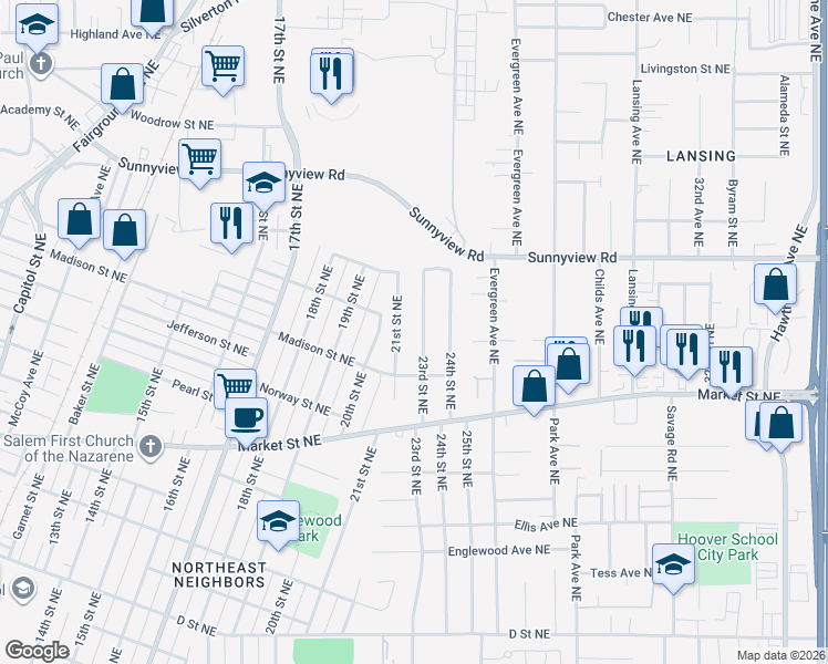 map of restaurants, bars, coffee shops, grocery stores, and more near 1875 23rd Street Northeast in Salem