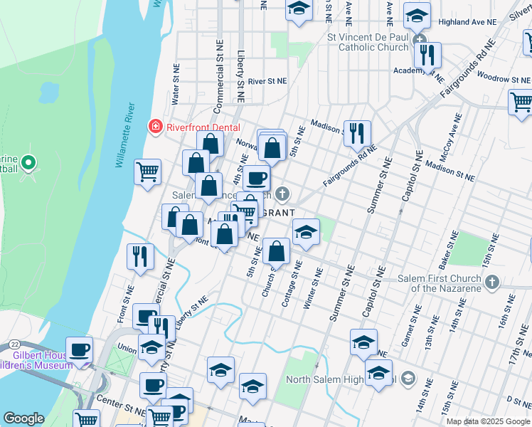 map of restaurants, bars, coffee shops, grocery stores, and more near 1305 5th Street Northeast in Salem