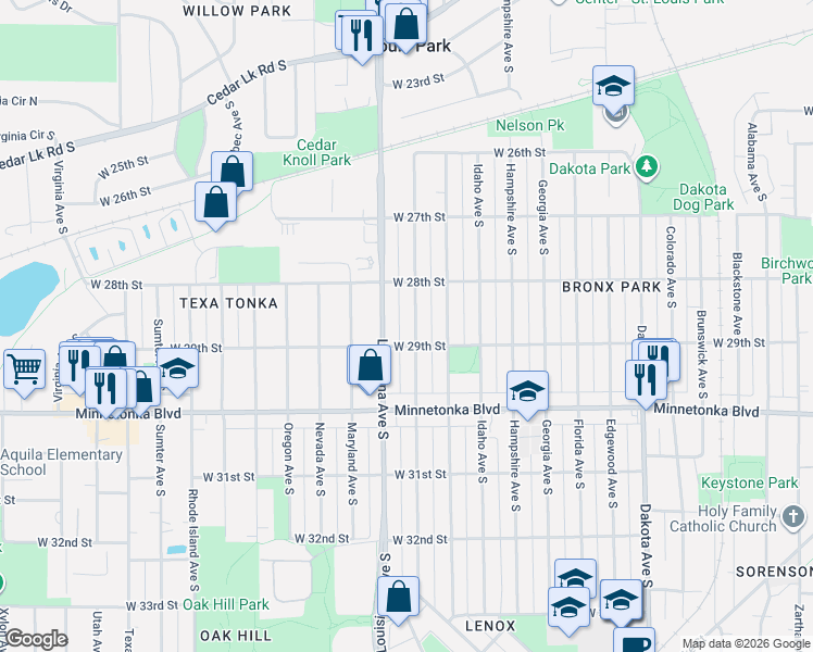 map of restaurants, bars, coffee shops, grocery stores, and more near 2837 Louisiana Avenue South in Minneapolis