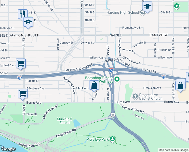 map of restaurants, bars, coffee shops, grocery stores, and more near 347 Clarence Street in Saint Paul