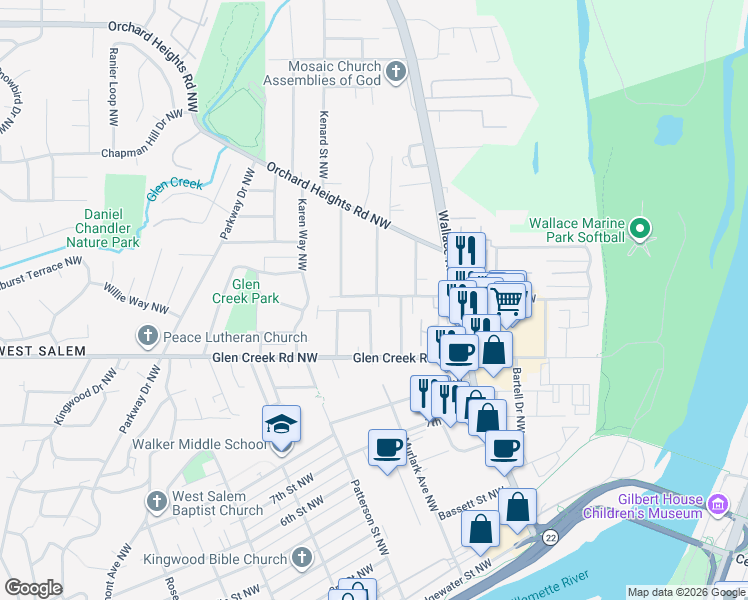 map of restaurants, bars, coffee shops, grocery stores, and more near 810 Taybin Road Northwest in Salem