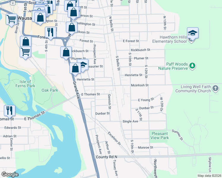 map of restaurants, bars, coffee shops, grocery stores, and more near 608 Saint Paul Street in Wausau