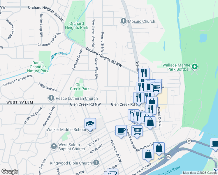 map of restaurants, bars, coffee shops, grocery stores, and more near 876 Taybin Road Northwest in Salem