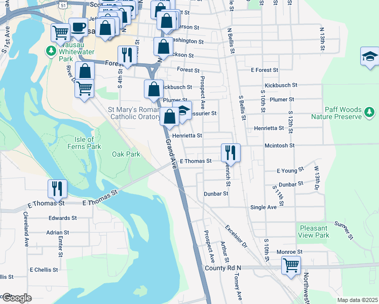map of restaurants, bars, coffee shops, grocery stores, and more near 606 East Thomas Street in Wausau