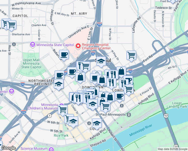 map of restaurants, bars, coffee shops, grocery stores, and more near 490 North Temperance Street in Saint Paul
