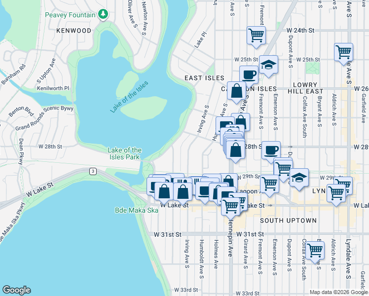 map of restaurants, bars, coffee shops, grocery stores, and more near 2825 Lake of the Isles Parkway East in Minneapolis