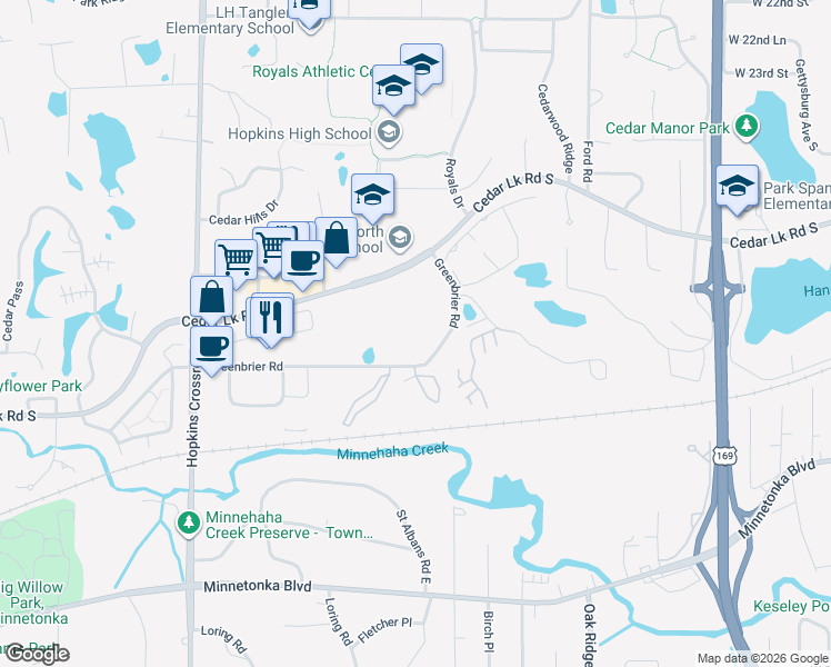 map of restaurants, bars, coffee shops, grocery stores, and more near 10501 Cedar Lake Road in Hopkins