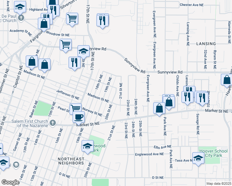 map of restaurants, bars, coffee shops, grocery stores, and more near 1912 20th Street Northeast in Salem
