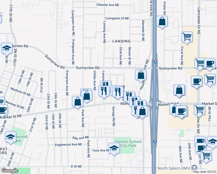 map of restaurants, bars, coffee shops, grocery stores, and more near 1823 31st Avenue Northeast in Salem