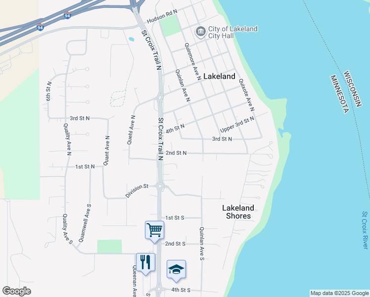 map of restaurants, bars, coffee shops, grocery stores, and more near 98 Saint Croix Trail North in Lakeland
