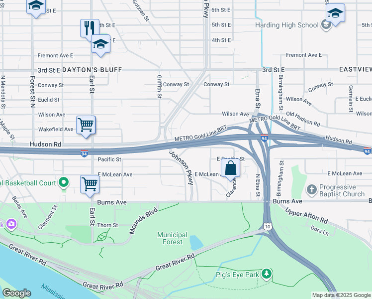 map of restaurants, bars, coffee shops, grocery stores, and more near Hudson Road in Saint Paul