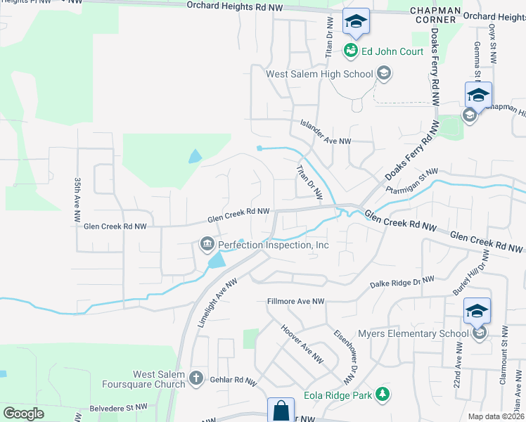map of restaurants, bars, coffee shops, grocery stores, and more near 2844 Glen Creek Road Northwest in Salem