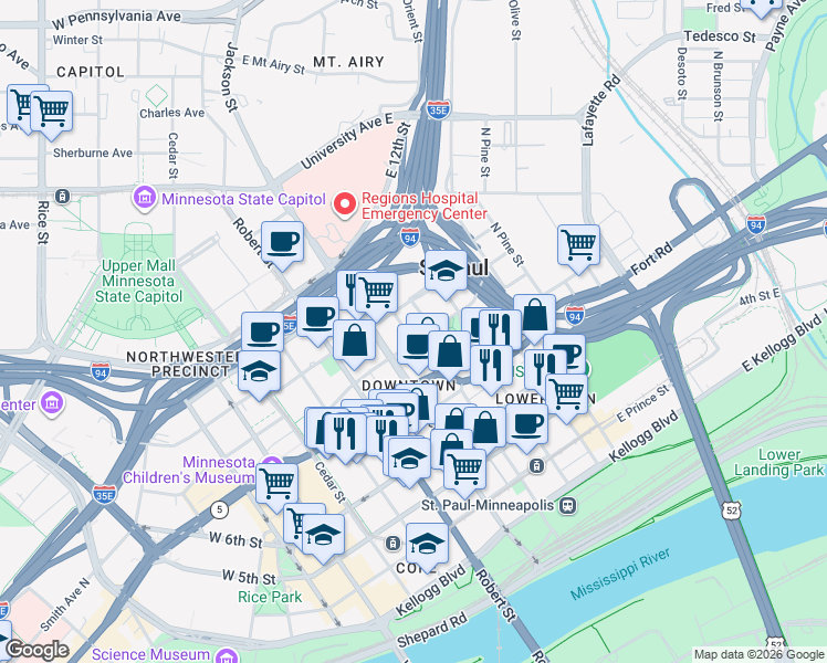 map of restaurants, bars, coffee shops, grocery stores, and more near 490 North Temperance Street in Saint Paul