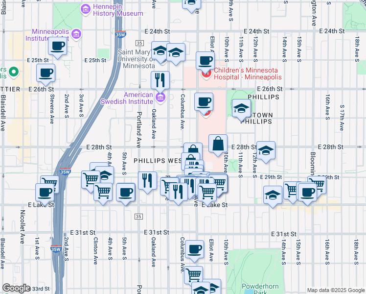 map of restaurants, bars, coffee shops, grocery stores, and more near East 28th Street & Columbus Avenue South in Minneapolis