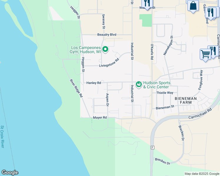 map of restaurants, bars, coffee shops, grocery stores, and more near 1503 Pinewood Lane in Hudson