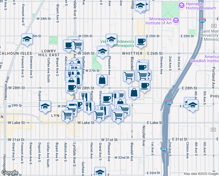 map of restaurants, bars, coffee shops, grocery stores, and more near W 28th St & Pleasant Ave in Minneapolis