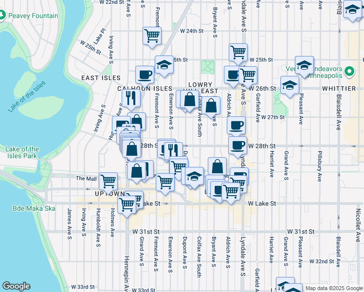 map of restaurants, bars, coffee shops, grocery stores, and more near 2755 Emerson Avenue South in Minneapolis