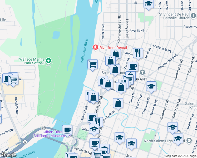 map of restaurants, bars, coffee shops, grocery stores, and more near 1170 Front Street Northeast in Salem
