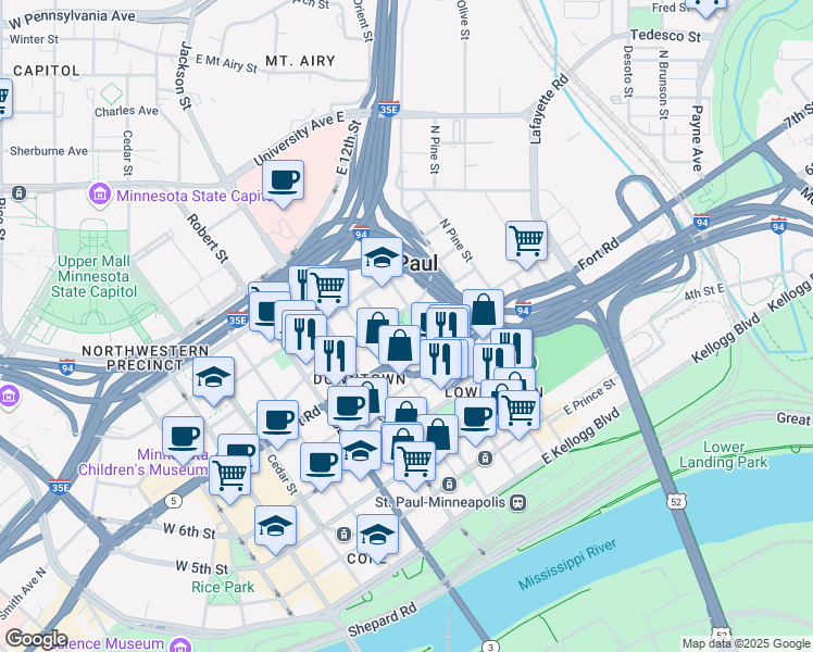 map of restaurants, bars, coffee shops, grocery stores, and more near 465 Wacouta Street in Saint Paul