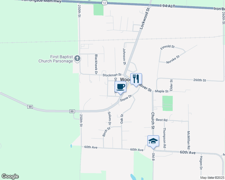 map of restaurants, bars, coffee shops, grocery stores, and more near 125 Division St in Woodville