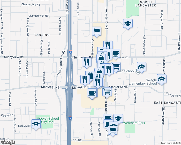 map of restaurants, bars, coffee shops, grocery stores, and more near 3864 Sunnyview Road Northeast in Salem