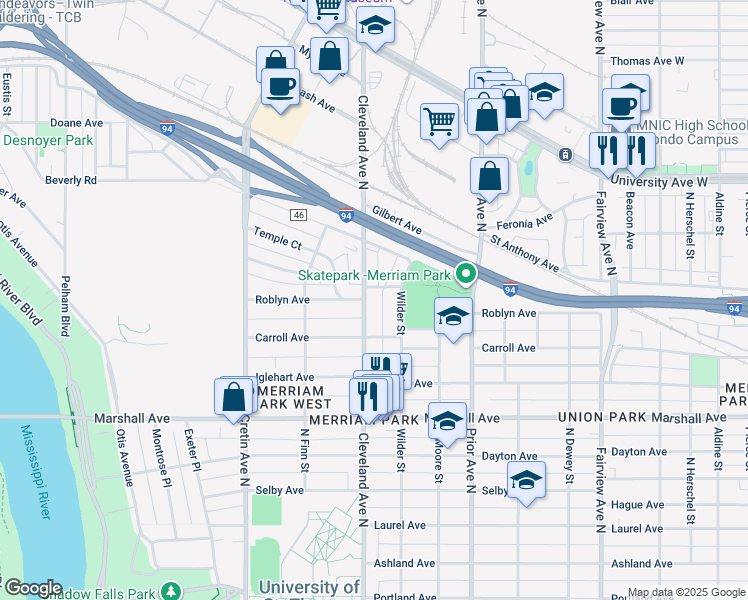 map of restaurants, bars, coffee shops, grocery stores, and more near 362 Cleveland Avenue North in Saint Paul