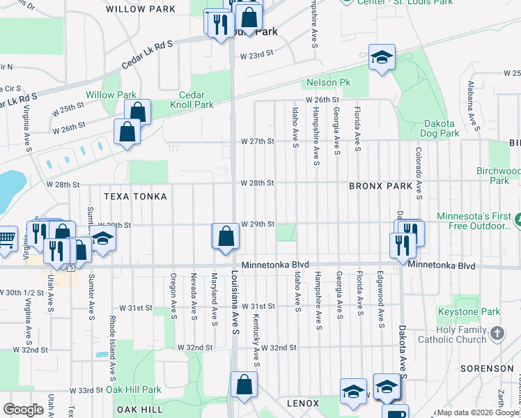 map of restaurants, bars, coffee shops, grocery stores, and more near 2837 Kentucky Avenue South in Minneapolis