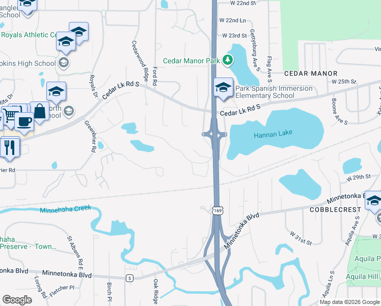 map of restaurants, bars, coffee shops, grocery stores, and more near 2828 Jordan Avenue South in Minnetonka
