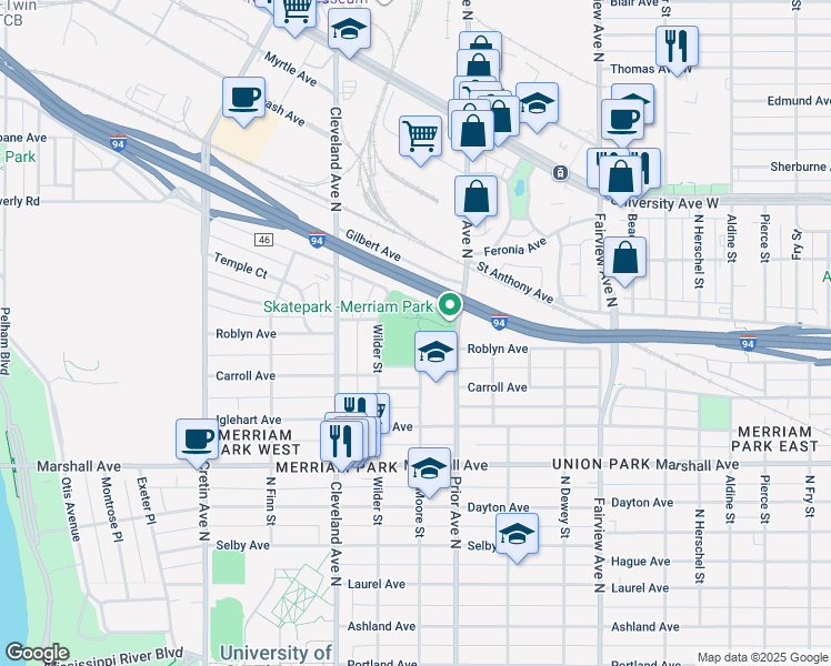 map of restaurants, bars, coffee shops, grocery stores, and more near 2000 Saint Anthony Avenue in Saint Paul